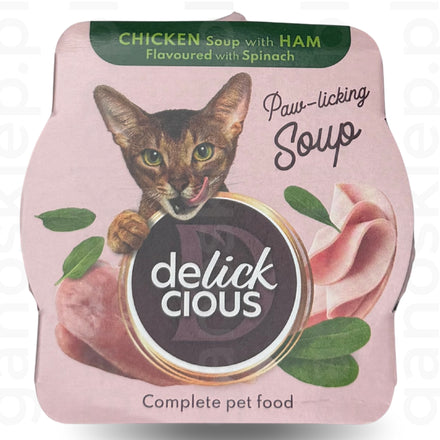 Delickcious Pełnoporcjowa karma dla kotów – Zupa z kurczaka z szynką i szpinakiem (80g/12)