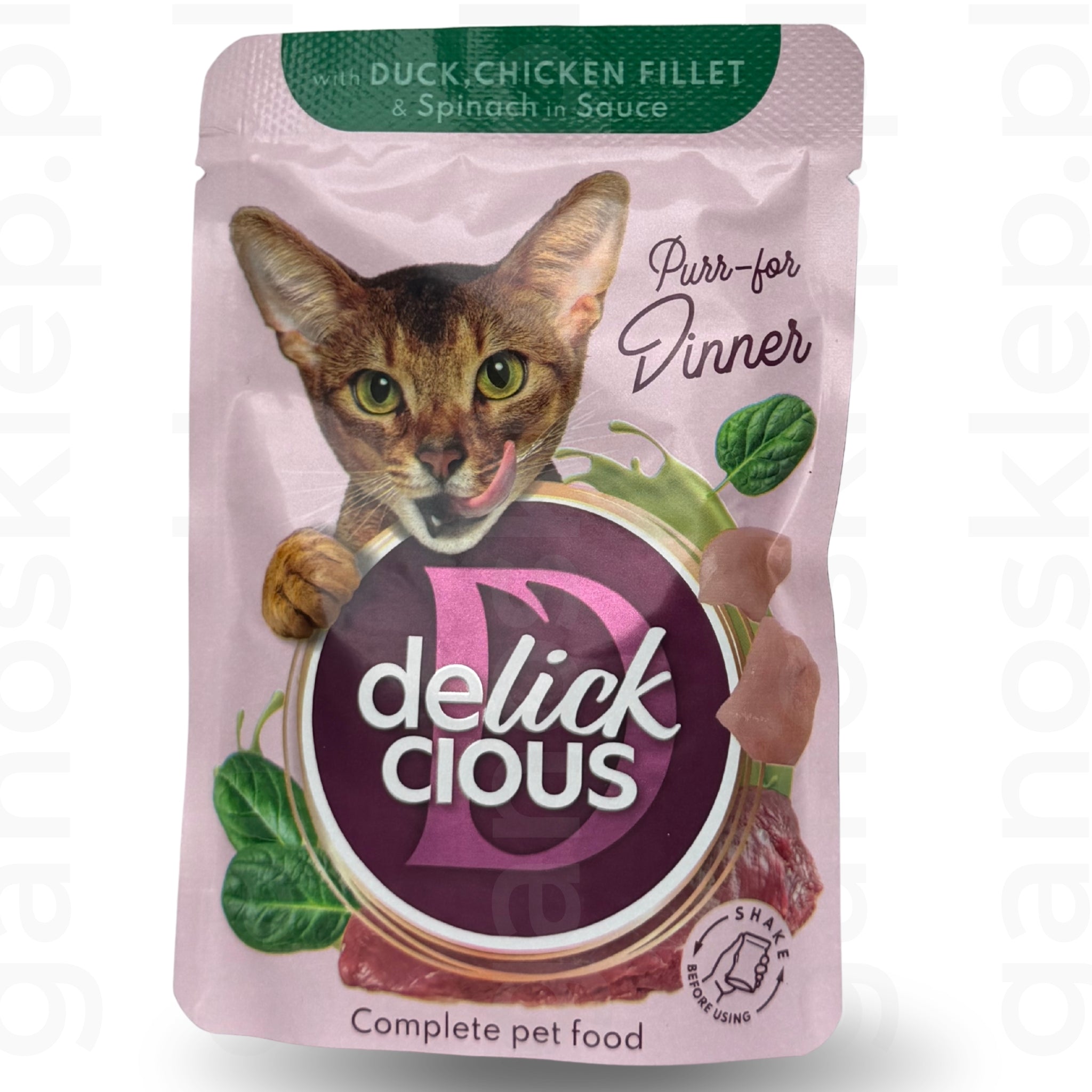 Delickcious Pełnoporcjowa karma dla kotów kawałki z kaczką, kurczakiem i szpinakiem w sosie (85g)