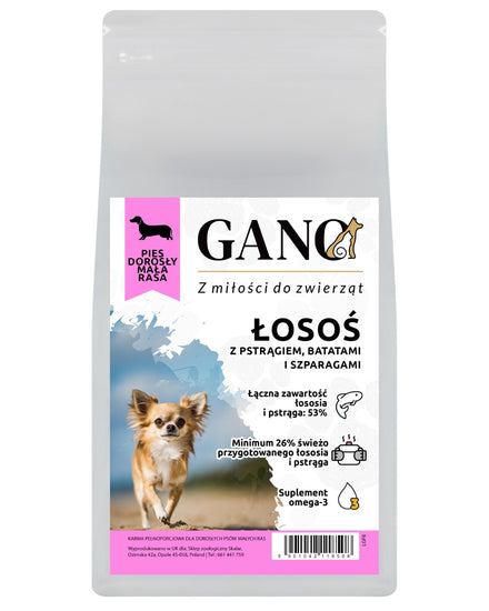 GANO Grainfree Łosoś z pstrągiem, batatami i szparagami (Mała rasa) – (100g, 2kg, 6kg)