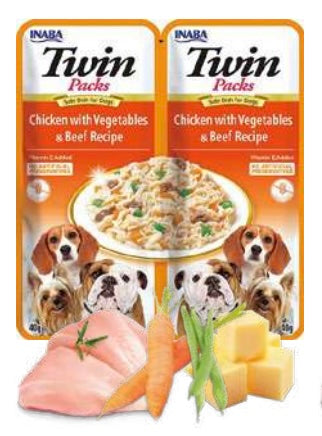 Inaba Twin Packs – kurczak, warzywa i wołowina w bulionie z kurczaka (2x40g)