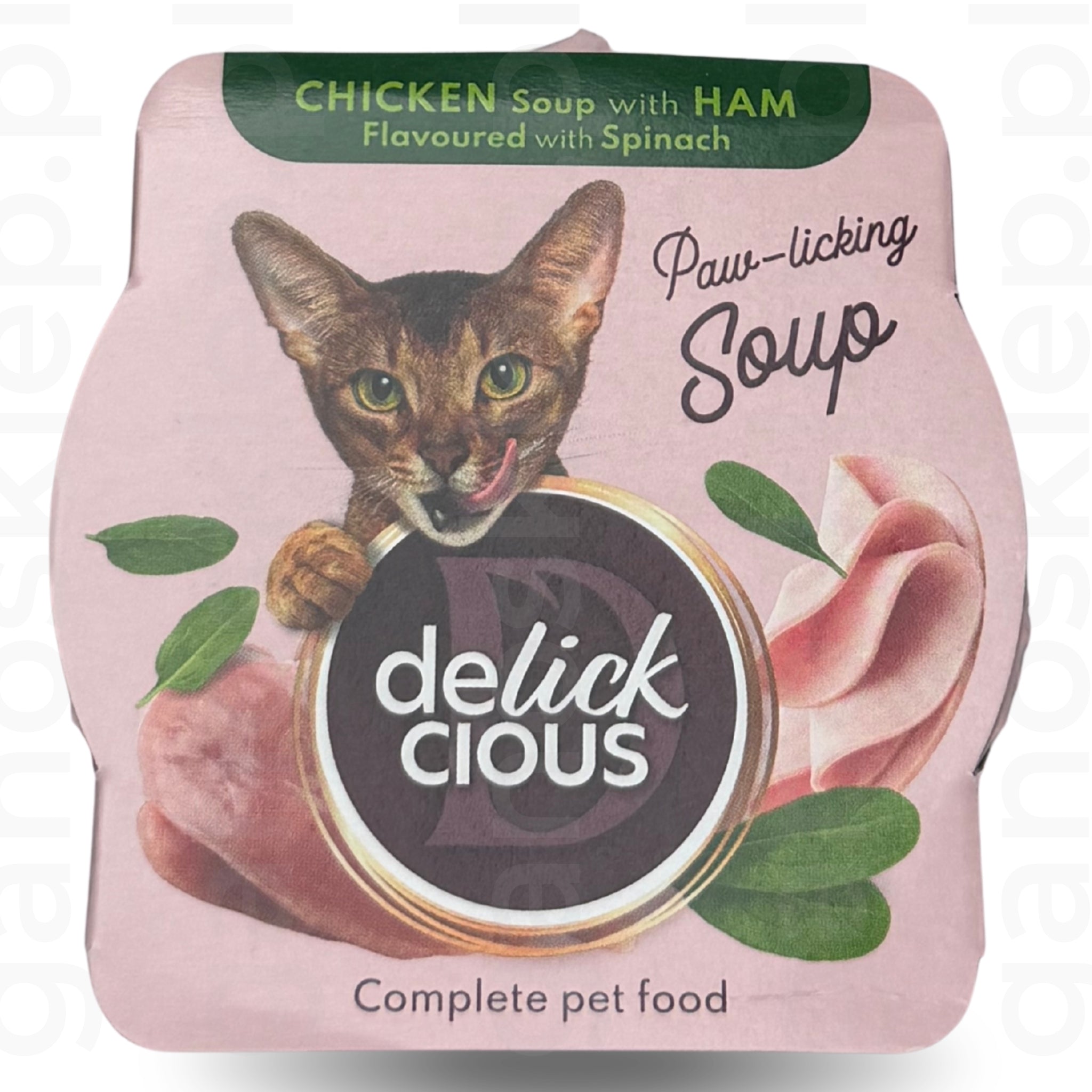 Delickcious Pełnoporcjowa karma dla kotów – Zupa z kurczaka z szynką i szpinakiem (80g/12)