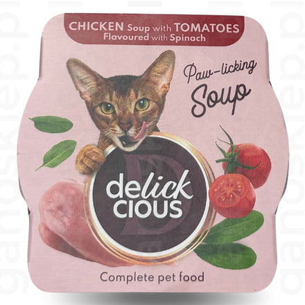 Delickcious Pełnoporcjowa karma dla kotów – Zupa z kurczaka z pomidorami i szpinakiem (80g/12)