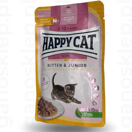 Happy Cat Kitten & Junior – drób (85g)