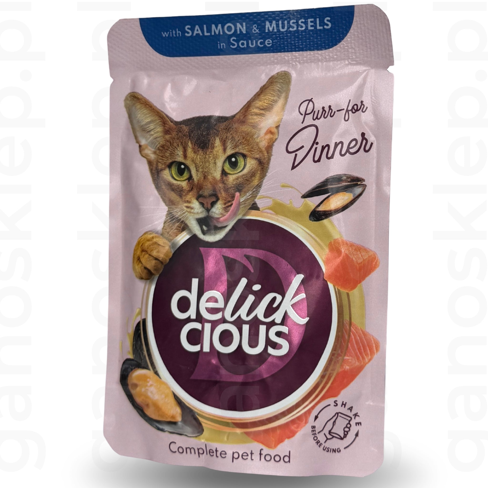 Delickcious Pełnoporcjowa karma dla kotów kawałki z łososiem i małżami w sosie (85g)