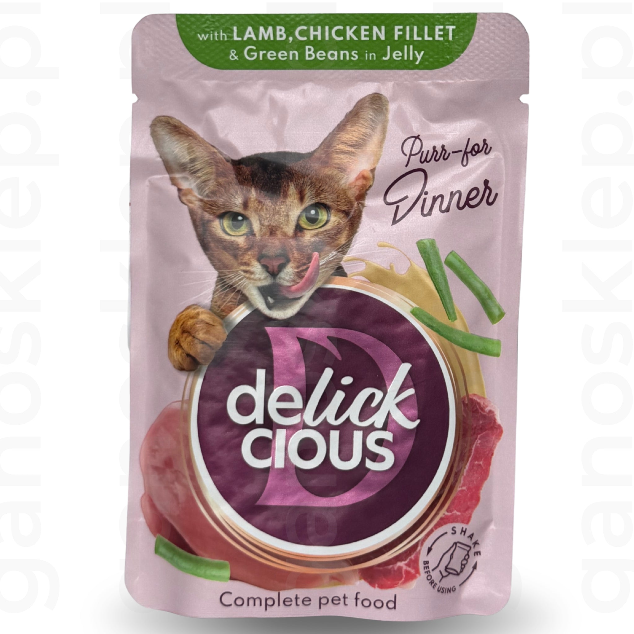Delickcious Pełnoporcjowa karma dla kotów Kawałki z jagnięciną, kurczakiem i fasolką w galarecie (85g)