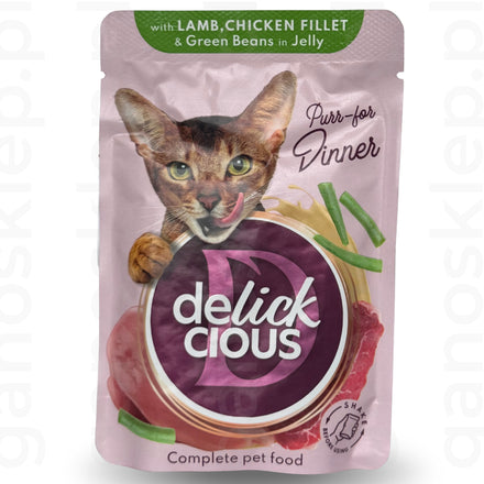 Delickcious Pełnoporcjowa karma dla kotów Kawałki z jagnięciną, kurczakiem i fasolką w galarecie (85g)