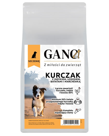 GANO Grainfree Kurczak z indykiem i łososiem, batatami i marchewką (Wszystkie rasy – Szczeniak) – (2kg, 12kg)