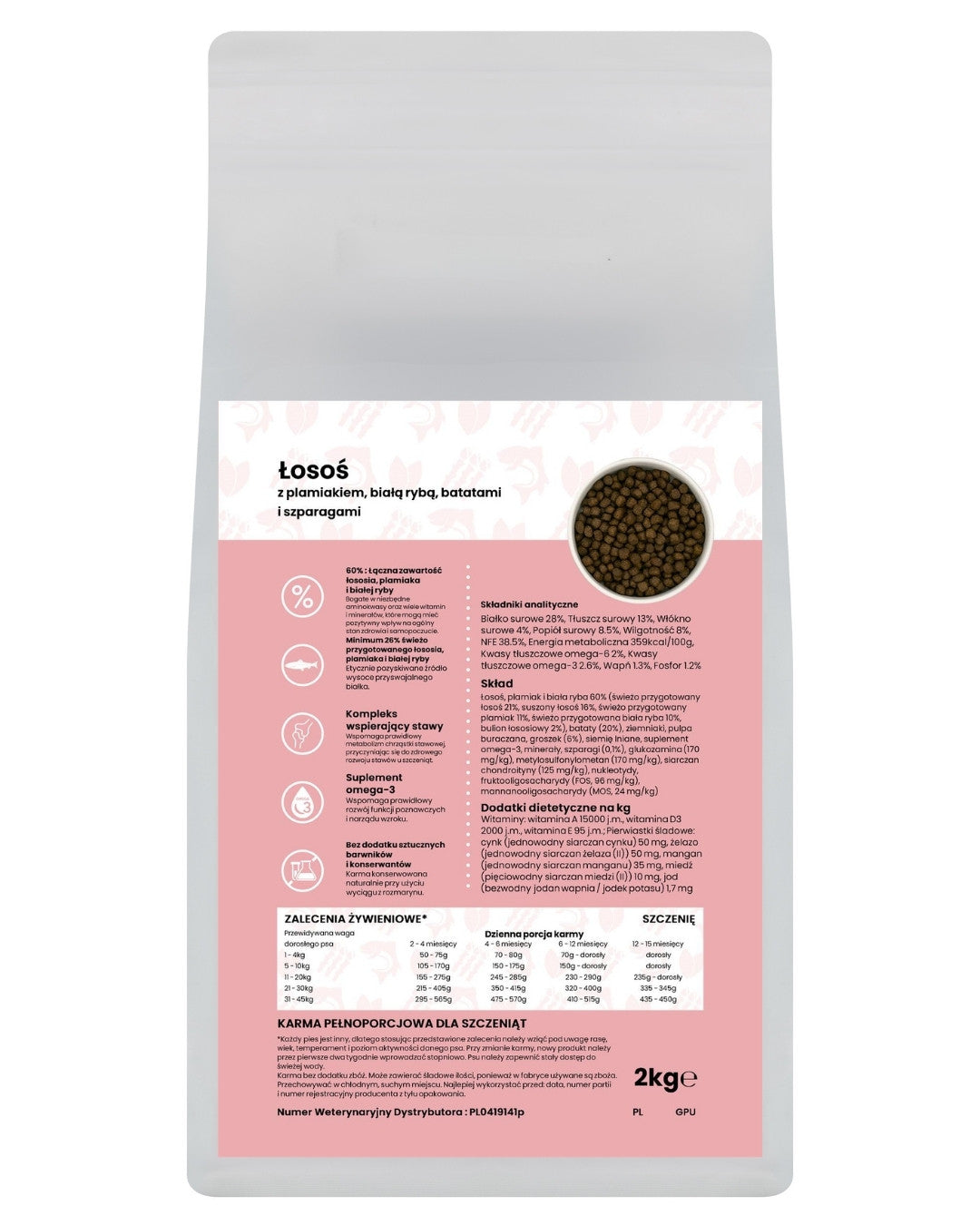 GANO Grainfree Łosoś z plamiakiem, białą rybą, batatami i szparagami (Wszystkie rasy – Szczeniak) – (2kg,12kg)