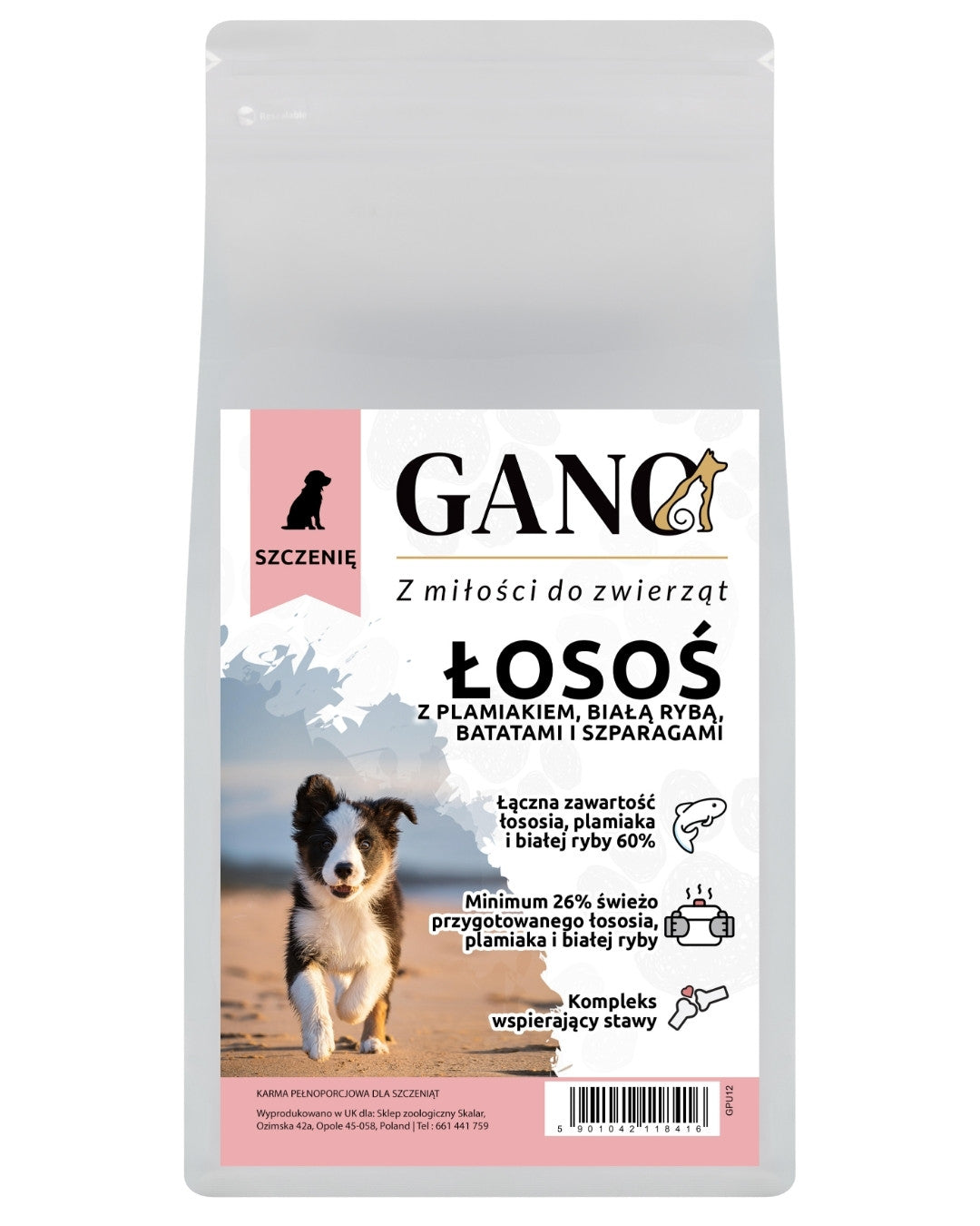 GANO Grainfree Łosoś z plamiakiem, białą rybą, batatami i szparagami (Wszystkie rasy – Szczeniak) – (2kg,12kg)