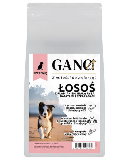 GANO Grainfree Łosoś z plamiakiem, białą rybą, batatami i szparagami (Wszystkie rasy – Szczeniak) – (2kg,12kg)